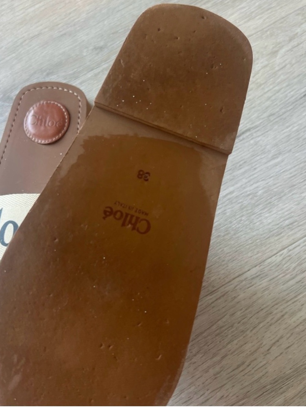 Chloé Beige Canvas Logo Brown Leather Slide Sandals - Picture 6 of 7